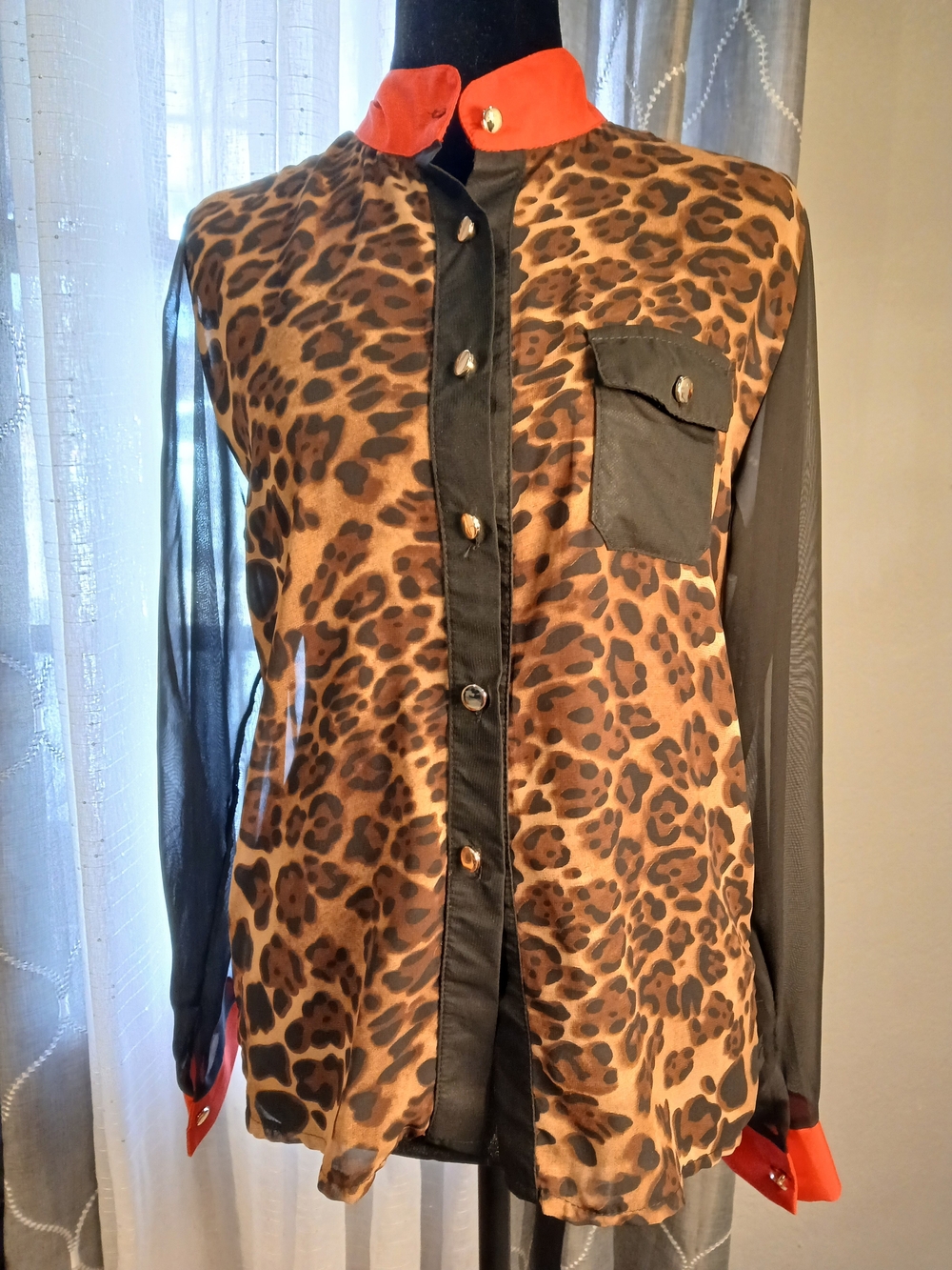 Leopard Print Button-Down Shirt with Red Trim
